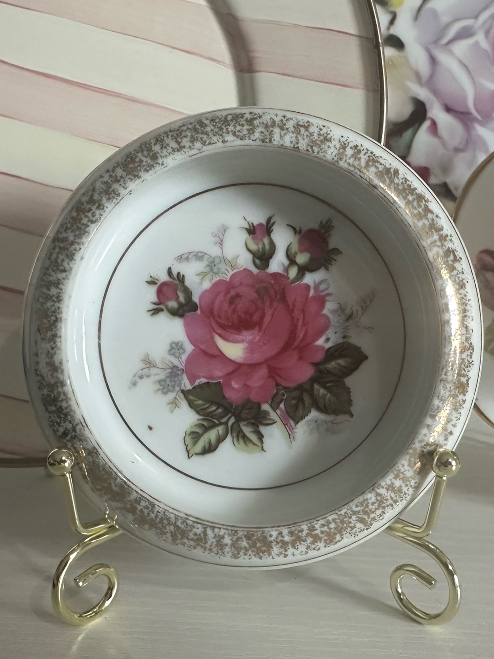 Vintage Rose Floral Porcelain Trinket Dish Pink Rose Gold Gilt Ring Dish 4”